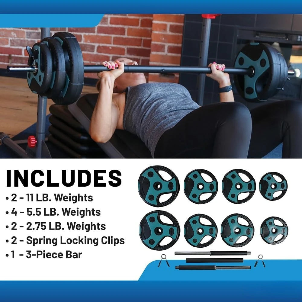 54 LB Barbell Weight Set 55” padded Bar, Adjustable Weights