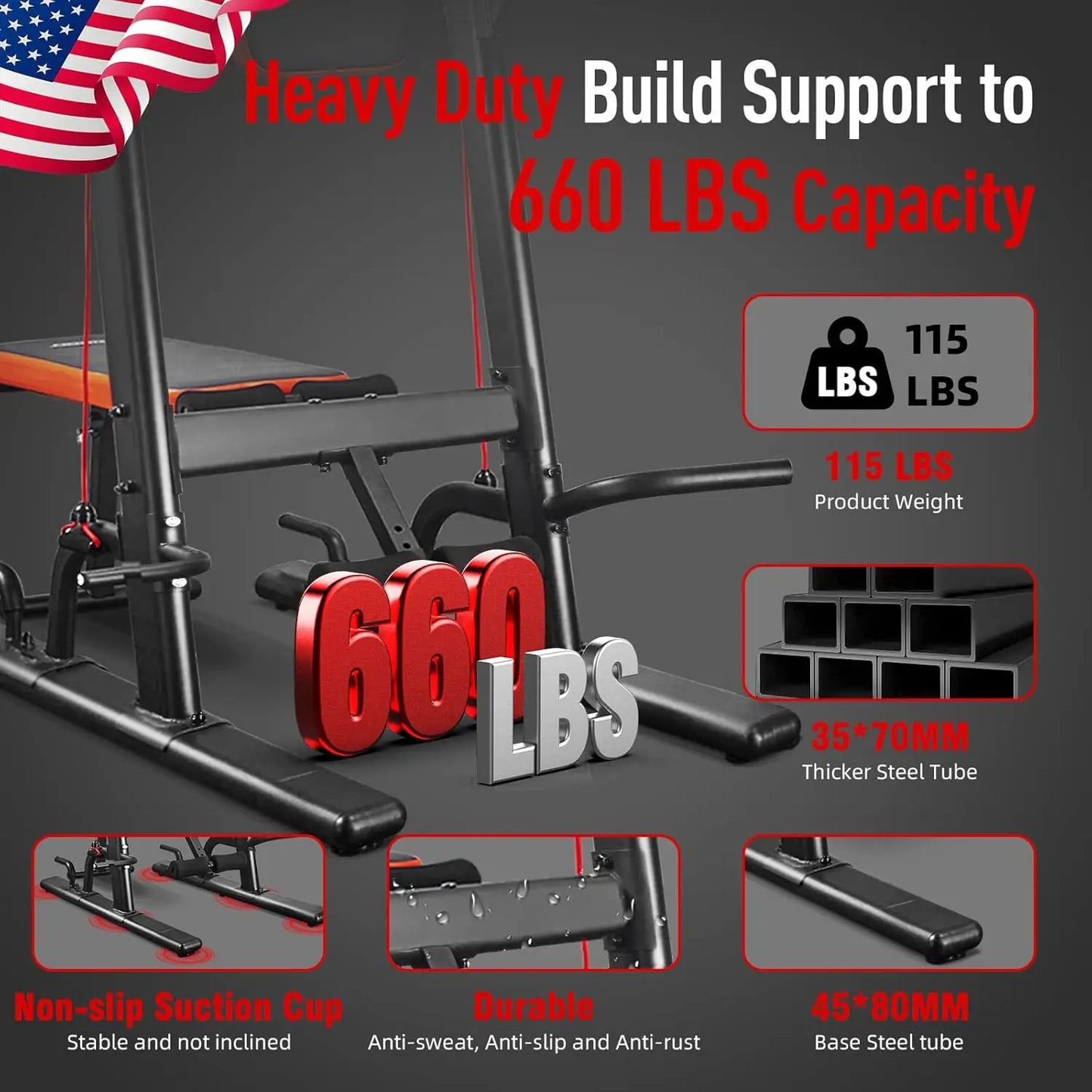 Multifunction Power Tower with Bench Pull Up Bar Dip Station for Home Gym Workout Strength Training Fitness Equipment