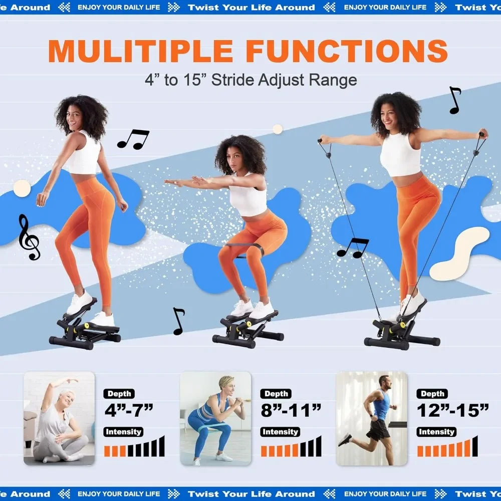 Mini Twist Stepper with Resistance Bands; 330LBS Weight Capacity, Adjustable Step Height,