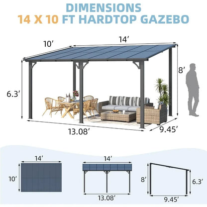 14' x 10' Hard Top Sloped to Roofed Gazebo Pergola 140 sq. ft. Shading for large wall-mounted heavy-duty awnings in the backyard