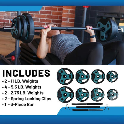 54 LB  Barbell Weight Set 55” padded Bar, Adjustable Weights