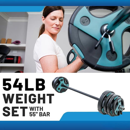 54 LB  Barbell Weight Set 55” padded Bar, Adjustable Weights