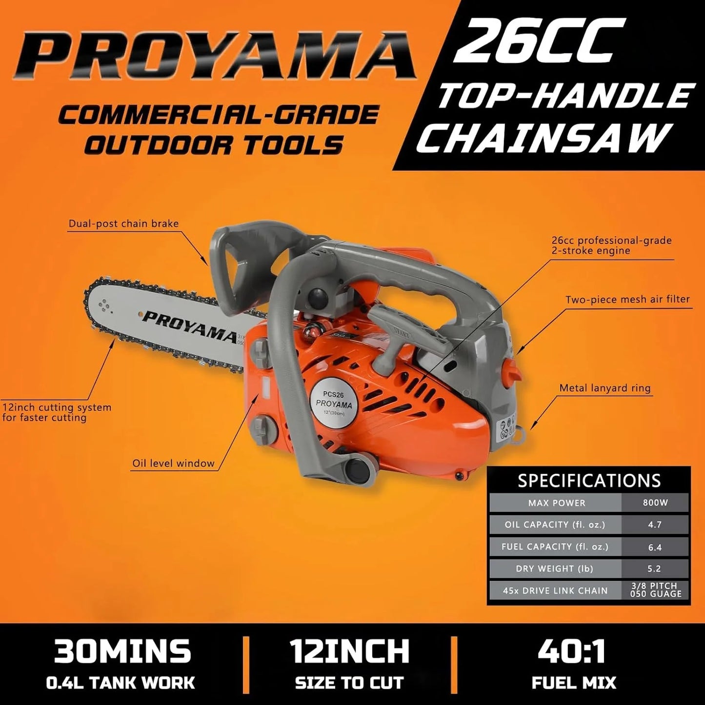 26CC 2-Cycle Top Handle Gas Powered Chainsaw 12 Inch Petrol Handheld Cordless Chain Saw for Tree Wood Cutting